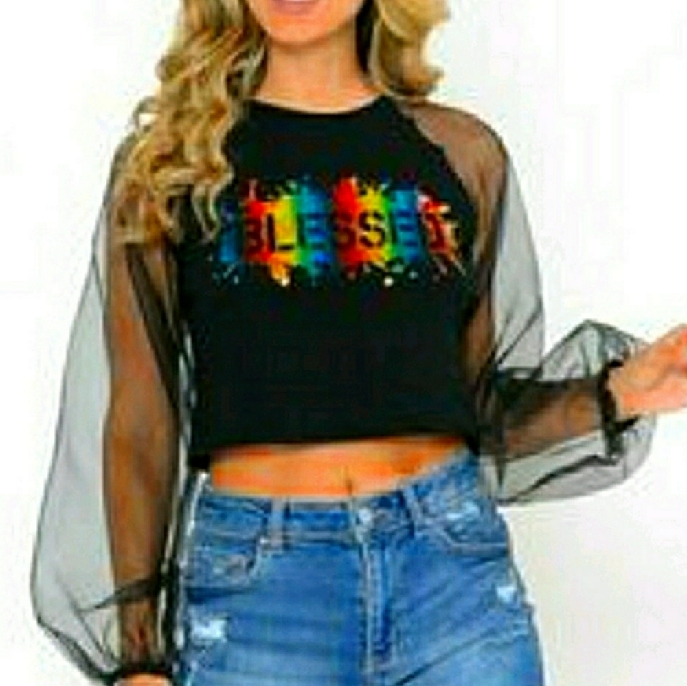 'Blessed' sheer sleeved crop top
